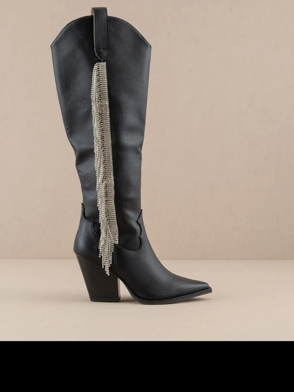 Black Fringe Western Knee-High Heeled Boots